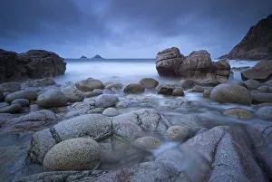Porth Nanven Prints: Stormy evening at Porth Nanven in Cornwall, England. Winter (December)