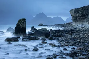 Wave Prints: Stormy evening on the shore of Elgol on the Isle of Skye, Scotland. Winter (February) 2025