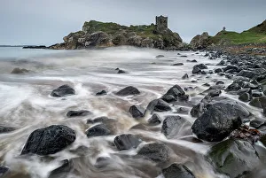 Stormy seashore below Kinbane Castle on the Causeway Coast, County Antrim, Northern Ireland. Autumn (November) 2022