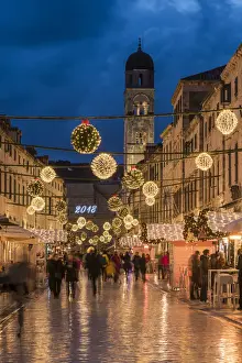 Adriatic Sea Prints: Stradun pedestrian street adorned with Christmas lights and decorations, Dubrovnik