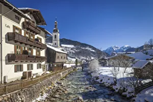 Ramsau Prints: Stream Ramsauer Ache with parish church St. Sebastian in Ramsau, Upper Bavaria, Bavaria