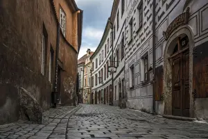 Krumau Prints: Empty street amidst buildings in Historic Center of Cesky Krumlov early in the morning
