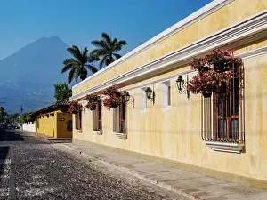 Sacatepequez Department Prints: Street of Antigua Guatemala with Agua Volcano in the background