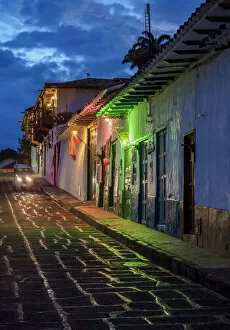 Images Dated 18th December 2018: Street of Barichara at dusk, Santander Department, Colombia