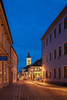 Empty street and Black Tower at twilight, Ceske Budejovice, South Bohemian Region, Czech Republic