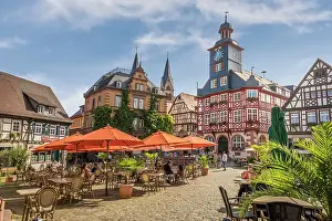 Old Town Hall Prints: Street cafe and historic half-timbered houses on the market square of Heppenheim