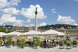 Schlossplatz Prints: Street cafe at Schlossplatz square with Neues Schloss Castle