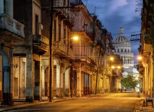 Havana Prints: Street scene at dawn with the Capitol Building (Capitolio)