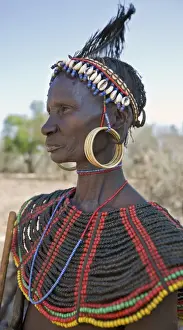 Beaded Necklace Prints: A striking old Pokot woman wearing the traditional beaded ornaments of her tribe which denote her married status