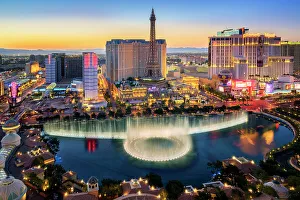 Strip Prints: Strip View with Bellagio Fountain and Paris Hotel at night, Las Vegas, Nevada, USA