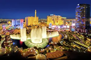 Strip Prints: Strip View with Bellagio Fountain and Paris Hotel at night, Las Vegas, Nevada, USA
