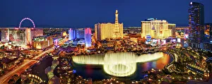Strip Prints: Strip View with Bellagio Fountain and Paris Hotel at night, Las Vegas, Nevada, USA
