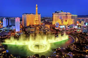 Fountain Prints: Strip View with Bellagio Fountain and Paris Hotel at night, Las Vegas, Nevada, USA