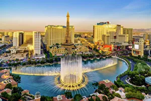 Fountain Prints: Strip View with Bellagio Fountain and Paris Hotel towards Sunset, Las Vegas, Nevada, USA