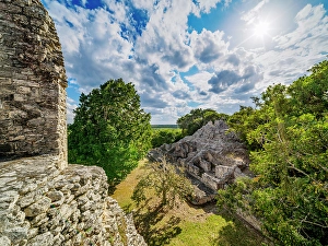Flare Prints: Structure II seen from Structure IV, Becan Archaeological Site, Campeche State, Mexico
