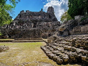 Becan Prints: Structure IV seen from the back, Becan Archaeological Site, Campeche State, Mexico