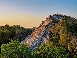 Becan Prints: Structure IX at sunset, elevated view, Becan Archaeological Site, Campeche State, Mexico