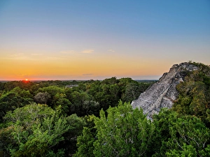 Flare Prints: Structure IX at sunset, elevated view, Becan Archaeological Site, Campeche State, Mexico