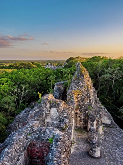 State Of Campeche Prints: Structure VIII at sunset, elevated view, Becan Archaeological Site, Campeche State, Mexico