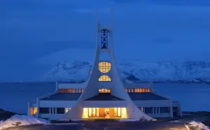 Lutheran Church Prints: Stykkisholmskirkja at dusk, Lutheran church in Stykkisholmur