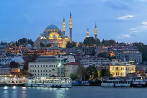 Nautical Vessels Prints: Suleymaniye Mosque and boats on Golden Horn at twilight