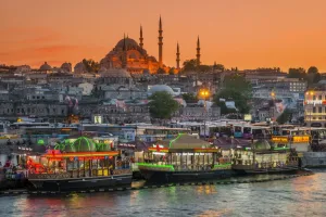 District Prints: Suleymaniye Mosque and city skyline at sunset, Istanbul, Turkey