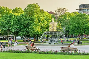 Fountains Prints: Summer evening at Schlossplatz Square, Stuttgart, Baden-Wurttemberg, Germany