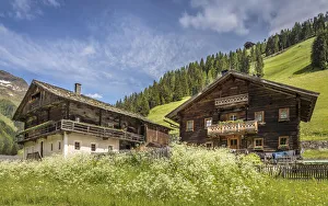 Summer meadow and historic mountain farms in Innervillgraten in Villgratental, East Tyrol, Tyrol, Austria Summer meadow and historic mountain farms in Innervillgraten in Villgratental, East Tyrol, Tyrol, Austria