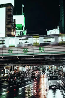 Office Building Prints: Summer night in Shibuya Tokyo, train and taxis full of tourists