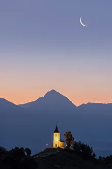 Church Of St Prints: Summer sunrise and moonrise over Church of St. Primoz, Jamnik, Slovenia