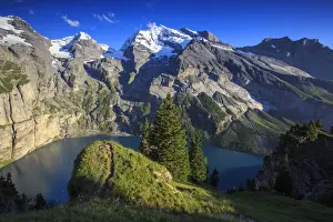Summer view of Lake Oeschinensee Bernese Oberland Kandersteg Canton of Bern Switzerland
