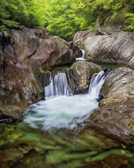 Cloudy Prints: Summer at Warren Falls, Green Mountains, Warren, Vermont, USA