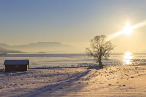 Nord Prints: Sun at its peak on the Gisundet fjord. Gibostad, Gisundet, Senja, Norway, Europe