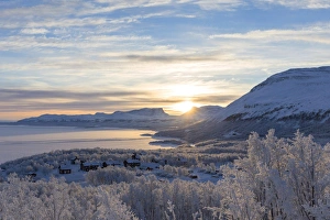 The sun rise over Lapland Door. Bjorkliden, Norbottens Ian, Sweden, Europe