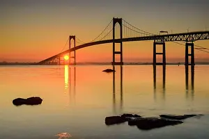 Suspension Bridge Prints: Sun rising at Clairborne Pell Bridge on Narragansett Bay, Jamestown, Rhode Island, USA