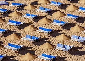 Parasol Prints: Sunbeds at Paneco Beach, elevated view, Albufeira, Algarve, Portugal