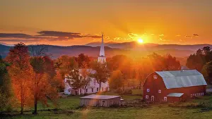 Peacham Prints: Sunburst over white-steeple church and red barn at sunrise