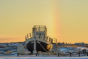 Hudson Bay Prints: Sundog and moored vessel along Hudson Bay coast, Churchill, Manitoba, Canada