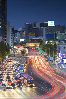 Vehicles Prints: Sungnyemun Gate and skyscrapers at dusk, Seoul, South Korea