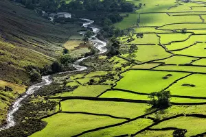 Wasdale Prints: Sunlight illuminating fields and drystone walls at Wasdale Head from Great Gable