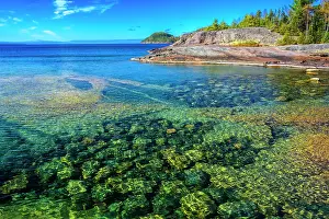 Lakeshores Prints: Sunlit rocks in Lake Superior shoreline at Coldwater Bay