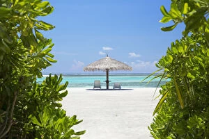 Sunloungers at Olhuveli Beach and Spa Resort, South Male Atoll, Kaafu Atoll, Maldives