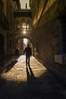 Neo Gothic Prints: Sunny morning light in Carrer del Bisbe, Barcelona, Catalonia, Spain