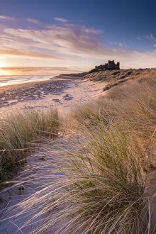 Northumberland Prints: Sunrise over Bamburgh Castle, Northumberland, England. Spring