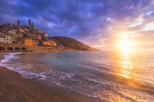 Historic Center Prints: Sunrise on the beach of Cervo, Imperia province, Liguria, Italy