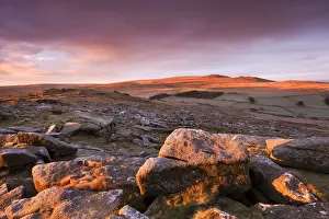 Sunrise over Belstone Tor, looking towards Yes Tor and High Willhays, the highest