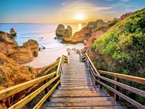 Algarve Prints: Sunrise Camilo Beach Boardwalk and Staircase to Camilo Beach