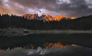 South Tirol Prints: Sunrise, Carezza Lake, Latemar, South Tyrol, italy