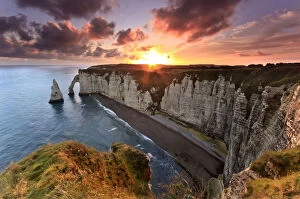 Sunrise over the cliff of Etretat in Normandy, France