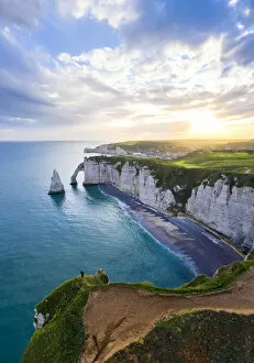 Images Dated 14th August 2019: Sunrise over the cliff of Etretat, Octeville sur Mer, Le Havre, Seine Maritime, Normandy